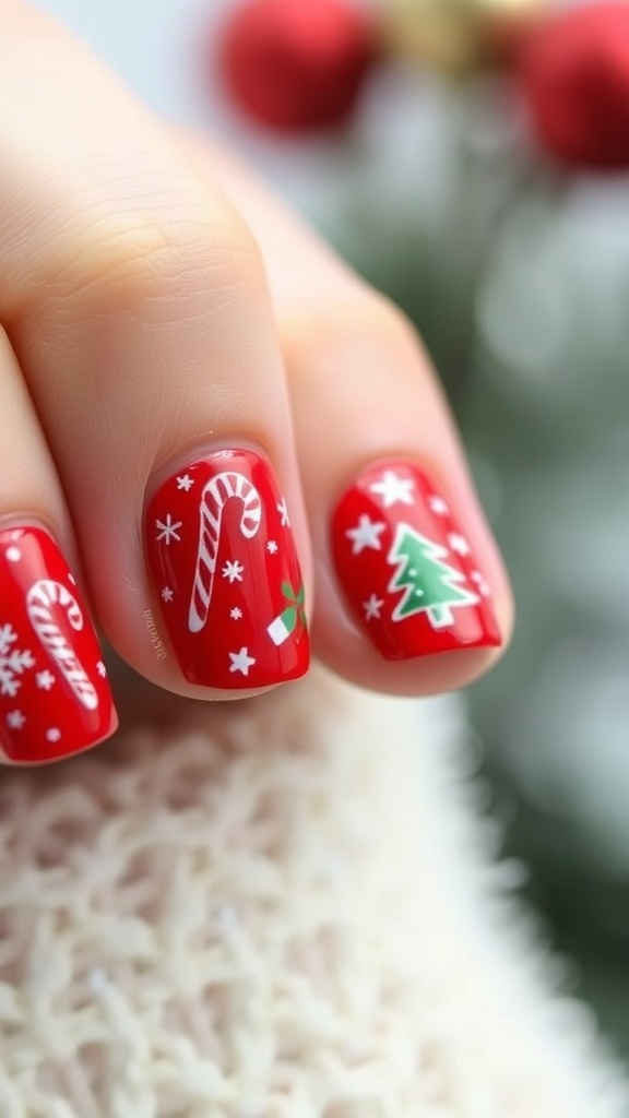 Close-up of short nails with Christmas designs including snowflakes and candy canes.